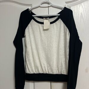 NWT Black and White Sheer Baseball Long Sleeve Top